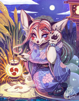 anthro asian_clothing bonfire clothed_breasts clothing east_asian_clothing eyes_closed female japanese_clothing kimono lamp lantern looking_at_viewer moon reflection solo water inutsukihasukii syuriusuhusky canid canine fox mammal hi_res