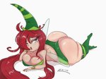 big_breasts big_butt breasts butt cleavage clothed clothing female freckles hair huge_butt legwear lying not_furry on_front red_hair simple_background solo thigh_highs white_background jouljehart rayman_(series) ubisoft betilla fairy humanoid hi_res