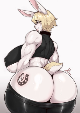 anthro big_breasts big_butt blonde_hair bodily_fluids breasts butt butt_tattoo deltoids eyebrows eyelashes female fur hair huge_breasts huge_butt muscular muscular_female raceplay solo sweat sweaty_butt tattoo tongue tongue_out triceps under_boob white_body white_fur pinkdiablo lagomorph leporid mammal rabbit 2026 hi_res