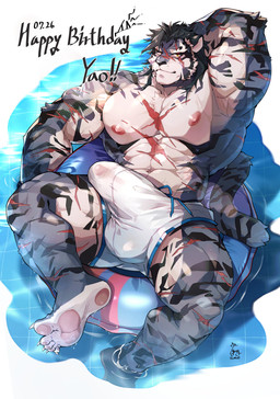5_toes abdominal_scar abs anthro barazoku biceps black_hair bulge chest_scar claws clothing eye_scar facial_scar feet foot_in_water fur grey_body grey_fur hair hand_behind_head happy_birthday humanoid_feet leg_scar male muscular muscular_anthro muscular_male muscular_thighs navel nipples partially_submerged pawpads pecs pink_pawpads plantigrade pool_float scar snout snout_scar solo striped_body striped_fur stripes swimming_trunks swimwear tail text thigh_scar toes vein veiny_muscles white_clothing white_swimming_trunks white_swimwear yellow_eyes p2yong sdorica yao_(sdorica) felid mammal pantherine tiger 2025 absurd_res artist_name colored dated english_text hi_res