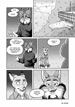 anthro bottomwear building city city_background clothing comic_panel dialogue duo ears_back eyebrows fur holding_object looking_at_another male mountain necktie open_mouth pants peak pivoted_ears shirt shocked smile snow sweater tail topwear whiskers wind some_(someone) disney zootopia nick_wilde pawbert_lynxley canada_lynx canid canine felid feline fox lynx mammal red_fox true_fox absurd_res comic greyscale hi_res monochrome