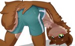 anthro blush bottomwear brown_body brown_fur butt chest_tuft clothed clothing countershading cute_fangs fangs fluffy fluffy_tail fur glistening glistening_bottomwear glistening_clothing glistening_shorts green_eyes hand_on_butt kemono looking_at_viewer male markings multicolored_body multicolored_fur pattern_bottomwear pattern_clothing pattern_shorts presenting presenting_hindquarters shorts shota simple_background solo striped_bottomwear striped_clothing striped_markings striped_shorts stripes tail teal_bottomwear teal_clothing teal_shorts teeth topless tuft two_tone_body two_tone_fur two_tone_tail upside_down white_body white_fur young young_anthro popkage felid mammal 2021 hi_res shaded