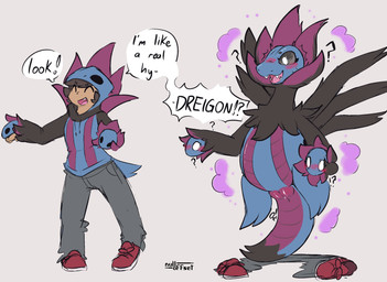 3_heads anus before_and_after blush bodily_fluids bottomwear brown_hair clothing confusion costume dialogue eyes_closed female female_symbol feral floating footwear gender_symbol gender_transformation genitals grey_bottomwear grey_clothing grey_pants hair hoodie human_to_feral mtf_transformation multi_head open_mouth open_smile pants plump_labia poof_transformation question_mark red_clothing red_footwear red_shoes shoes smile species_transformation speech_bubble sweat symbol text topwear transformation vulva nulloffset nintendo pokemon generation_5_pokemon human hydreigon mammal pokemon_(species) english_text hi_res watermark