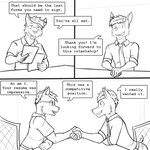 1:1 anthro black_and_white clothed clothing collared_shirt comic dialogue duo english_text eyewear felid fully_clothed fuze gesture glasses handshake hi_res male mammal monochrome necktie text