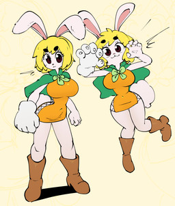 anthro big_breasts biped blonde_hair boots breasts brown_eyes capelet clothing curvy_figure eyelashes female fluffy fluffy_tail footwear fur hair hourglass_figure huge_breasts long_ears navel_outline orange_clothing shoes sketch_background skimpy_dress small_waist smile smiling_at_viewer solo tail white_body white_fur wide_hips jellotsok one_piece carrot_(one_piece) 2026 hi_res multiple_images sketch