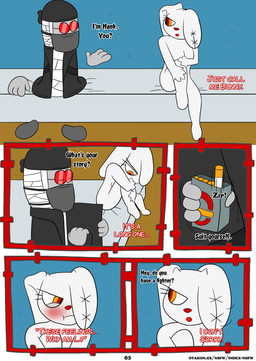 ambiguous_gender anthro bandage bandaged_head bed black_clothing blue_eyes breasts cigarette cigarette_box cigarette_holder clothed clothing coat dialogue duo eyewear eyewear_on_face eyewear_on_head female fingers floating_hands fur furniture glasses goggles goggles_on_head grey_body grey_skin headgear holding_both_knees holding_both_legs holding_object kerchief long_ears mask multicolored_eyes name_in_dialogue on_bed open_clothing open_coat open_topwear pockets red_eyes red_eyewear red_glasses red_nose sitting stitch_(sewing) tailless text topwear trenchcoat white_body white_fur yellow_eyes otakon_(artist) 2spot_studio bloody_bunny_(series) madness_combat bloody_bunny hank_j._wimbleton animate_inanimate lagomorph leporid mammal nevadean_(madness_combat) rabbit absurd_res comic crossover english_text hi_res tagme