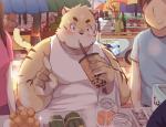2019 anthro blush clothed clothing detailed_background felid female food group human humanoid_hands leobanana male male_focus mammal outside overweight overweight_male pantherine shirt solo_focus tiger topwear
