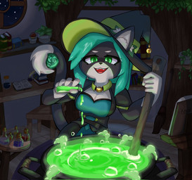 anthro breasts clothing detailed_background female green_eyes green_hair hair hat headgear headwear night potion smile solo witch_hat amoni_(artist) felid feline mammal hi_res