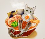 ambiguous_gender bowl container egg_(food) feral food fur green_eyes grey_body grey_fur inner_ear_fluff noodles pawpads paws ramen shadow simple_background solo steam striped_body striped_fur stripes tuft whiskers ahoudoringo domestic_cat felid feline felis mammal 2022 digital_media_(artwork)