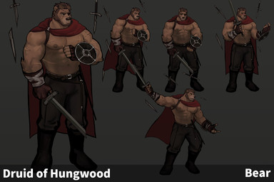 abs anthro bottomwear cape clothing eye_patch eye_scar eyewear facial_scar male melee_weapon muscular muscular_anthro muscular_male nipples pants pecs scar scars_all_over shield sword weapon dopq druid_of_hungwood bear mammal hi_res