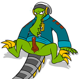 3_toes anatomically_correct anatomically_correct_genitalia anatomically_correct_penis animal_genitalia animal_penis anthro barefoot beanie biped blush bodily_fluids cloaca cloacal_penis clothed clothing crocodilian_penis cybernetics electronics embarrassed erection feet genital_fluids genitals hat headgear headphones headwear jacket looking_at_viewer machine male metal_tail penis precum presenting presenting_penis prosthetic simple_background solo tapering_penis text toes toony topwear white_background krixata lethal_league latch crocodilian reptile scalie 1:1 2015