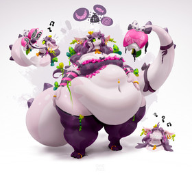 3_toes accessory anthro arm_warmers armwear belly belly_folds belly_overhang big_belly big_breasts black_musical_note black_ribbon bottomless bottomless_anthro bottomless_female breasts cheek_tuft clothed clothing collar cracked_ground cracks crop_top digit_ring ear_piercing ear_ring facial_tuft feet female female_anthro finger_ring flower flower_tail fur furgonomics green_bow green_ribbon green_sclera hair hand_on_hip hand_on_own_belly hand_on_own_hip huge_belly hypnosis jewelry legwear mind_control musical_note musical_symbol navel navel_piercing obese obese_anthro obese_female off_shoulder overweight overweight_anthro overweight_female partially_clothed partially_clothed_anthro partially_clothed_female pattern_armwear pattern_clothing piercing pink_stripes plant purple_clothing purple_collar purple_crop_top purple_hair purple_legwear purple_shirt purple_stripes purple_thigh_highs purple_topwear ribbons ring ring_piercing sharp_teeth shirt smile snapdragon_(flower) solo spiral stated_weight striped_armwear striped_clothing stripes symbol tail tail_accessory tail_ribbon teeth thick_tail thigh_highs toe_ring toes topwear tuft white_body white_bow white_ears white_fur white_tuft wide_hipped_anthro wide_hipped_female wide_hips miluinaoxie mythology dragon elemental_creature flora_fauna furred_dragon furred_scalie mythological_creature mythological_scalie scalie hi_res