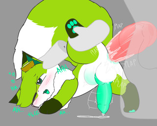 abdominal_bulge anal anal_penetration animal_genitalia animal_penis anthro anthro_on_feral anthro_penetrating anthro_penetrating_feral ass_up balls bestiality big_penis big_tail bodily_fluids butt canine_genitalia canine_penis disembodied_hand dominant duo fangs femboy feral feral_penetrated fluffy fluffy_tail food fruit genital_fluids genitals green_body green_penis hair kiwifruit knot knotted_penis larger_dom larger_male looking_pleasured male male/male male_penetrated male_penetrating male_penetrating_male mane moan multicolored_body one_eye_closed open_mouth pawpads paws penetration penile penile_penetration penis penis_in_ass plant raised_leg sex simple_background size_difference smaller_male smaller_penetrated tail teeth throbbing throbbing_penis tongue tongue_out hikiwi anon kowi_(hikiwi) canid canine fox mammal 5:4 colored digital_media_(artwork) hi_res