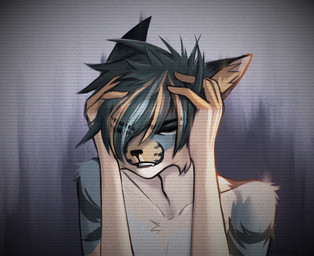 anthro black_hair black_nose blue_body blue_fur clenched_teeth eyebrows eyes_closed fangs fur hair hand_on_head inner_ear_fluff male multicolored_body multicolored_fur simple_background solo striped_body striped_fur stripes tan_body tan_fur teeth tuft r10iwr felid feline mammal 2023 character_request hi_res watermark