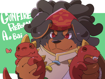 anthro black_body black_fur black_nose brown_body brown_fur carrying_another dreadlocks eyes_closed floppy_ears fur group humanoid_hands kemono open_mouth red_body red_eyes red_scales scales tail text tongue tongue_out trio white_text green_bell gunfire_reborn mythology ao_bai_(gunfire_reborn) canid canine canis domestic_dog dragon lizard mammal mastiff molosser mythological_creature mythological_scalie reptile scalie 2021 cel_shading character_name digital_drawing_(artwork) digital_media_(artwork) english_text handwritten_text hi_res shaded