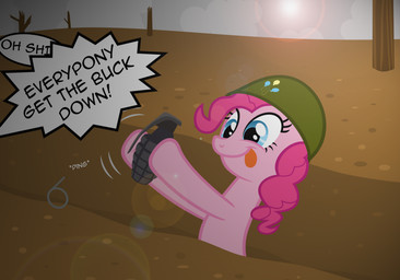armor blue_eyes dialogue exclamation_point explosives female feral fur grenade hair headgear helmet military outside pink_body pink_fur pink_hair smile soldier solo sun text tongue tongue_out war warrior wasteland weapon austiniousi friendship_is_magic hasbro my_little_pony pinkie_pie_(mlp) earth_pony equid equine horse mammal pony 2012 english_text