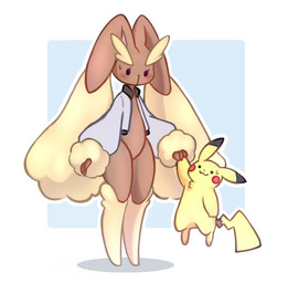 anthro biped black_eyes bodily_fluids brown_body cheek_spots chest_tuft closed_smile clothing dot_eyes duo eyelashes female fingers fur hand_holding jacket looking_at_another male mouth_closed red_cheeks simple_eyes smile standing sweat sweatdrop tail topwear tuft yellow_body yellow_fur yellow_tail piyolondres nintendo pokemon generation_1_pokemon generation_4_pokemon lopunny pikachu pokemon_(species) 2023