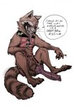 anthro balls big_penis body_hair cigarette dialogue erection genitals hairy_balls holding_cigarette holding_object knot long_penis long_tongue looking_at_viewer male penis presenting presenting_penis pubes sitting solo speech_bubble talking_to_viewer tongue concosive guardians_of_the_galaxy marvel rocket_raccoon mammal procyonid raccoon hi_res