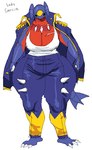 anthro black_sclera black_text bottomwear breast_scar clothing coat female huge_thighs jewelry military_uniform necklace pants purple_body purple_bottomwear purple_clothing purple_pants red_body shirt simple_background solo tank_top text thick_thighs topwear uniform white_background white_clothing white_shirt white_tank_top white_topwear wide_hips yellow_eyes randidesu nintendo pokemon garchomp generation_4_pokemon pokemon_(species) character_name digital_media_(artwork)