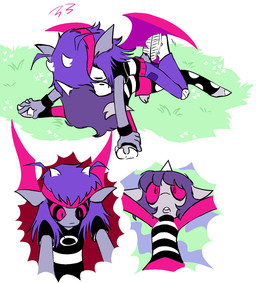 1_horn 2_horns 3_fingers 4_fingers accessory anthro black_eyes bottomwear clothing dominant dominant_female dress duo emanata eye_contact female female/female fingers flower footwear freckles fur grass grey_body grey_fur hair hand_grab headband hooves horn hypnosis hypnotic_eyes knee_pads looking_at_another lying lying_on_another medium_hair membrane_(anatomy) membranous_wings mind_control on_back on_front on_ground open_mouth outside pants pattern_clothing pattern_dress pinned plant polka_dot_legwear purple_hair red_sclera ringed_eyes shirt shoes simple_background skirt spiral spiral_eyes spread_arms striped_clothing striped_dress stripes t-shirt tail teeth topwear white_background wings wrist_grab wristband young young_anthro young_female young_on_young bwrd corn_kidz_64 final_freekend alexis_(corn_kidz_64) ally_(final_freekend) bovid caprine caprine_demon demon goat goat_demon mammal 2024 hi_res