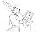 anthro antlers duo gesture horn male medal sailor_uniform salute text hladilnik deer_admiral_(hladilnik) ship's_catboy_(hladilnik) deer domestic_cat felid feline felis mammal 2025 black_and_white english_text hi_res monochrome sketch