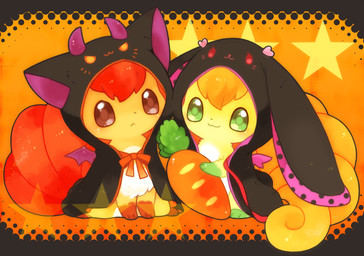 abstract_background ambiguous_gender angry black_cape black_cloak black_clothing brown_eyes brown_markings cape carrot cloak clothed clothing costume curled_tail duo fake_cat_ears fake_ears fake_horns fake_rabbit_ears fake_wings feral food fur green_body green_eyes green_fur green_markings hair halloween_costume heart_symbol holding_carrot holding_food holding_object holding_vegetable holidays markings multi_tail orange_body orange_fur orange_hair orange_ribbon pink_clothing plant purple_clothing red_body red_fur red_hair sitting smile star tail vegetable white_body white_fur white_markings michi_runi halloween nintendo pokemon canid canine generation_1_pokemon mammal pokemon_(species) shiny_pokemon vulpix digital_drawing_(artwork) digital_media_(artwork) unavailable_at_source