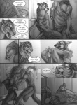 anthro attack ballbusting barefoot bench blood bodily_fluids bottomwear canid canine canis clothed clothing cock_and_ball_torture comic crotch_attack dialogue ears_back english_text eyes_closed feet felid fight fully_clothed fur furgonomics genital_torture greyscale group inside keith_(rukis) knee_strike locker locker_room male mammal monochrome on_ground pantherine pants pivoted_ears profanity reis rukis shirt sound_effects speech_bubble tail tank_top teeth text tiger tobias_(rukis) tongue tongue_out topwear violence whiskers wolf
