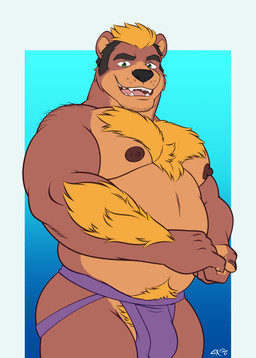 anthro biceps bulge clothed clothing eyebrows flexing_muscles jockstrap jockstrap_only looking_at_viewer low-angle_view male musclegut muscular muscular_male nipples overweight overweight_male pubes solo topless underwear underwear_only shishibro extracurricular_activities harold_grifter bear mammal 2026 absurd_res hi_res