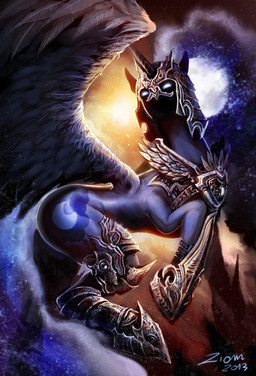 abstract_background ambiguous_gender armor black_body black_feathers blue_body crescent_moon cutie_mark empty_eyes feathered_wings feathers glowing glowing_eyes headgear helmet horn moon simple_background solo sun white_eyes wings ziom05 friendship_is_magic hasbro my_little_pony mythology nightmare_moon_(mlp) equid equine mammal mythological_creature mythological_equine winged_unicorn 2013 hi_res