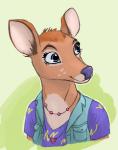 anthro brown_body brown_fur brown_hair clothed clothing countershade_torso countershading female fur green_background hair jewelry looking_away necklace purple_eyes purple_nose simple_background smile solo awepossum bojack_horseman netflix charlotte_moore deer mammal bust_portrait portrait