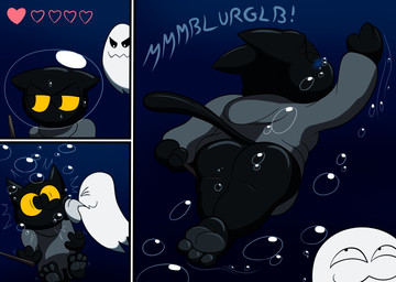 ambiguous_gender anthro bubble butt clothing duo female heart_symbol holidays licking robe swimming tongue tongue_fetish tongue_out underwater water yellow_sclera ricowolfdog google google_doodle halloween magic_cat_academy momo_(google) domestic_cat felid feline felis ghost mammal spirit 2020 hi_res