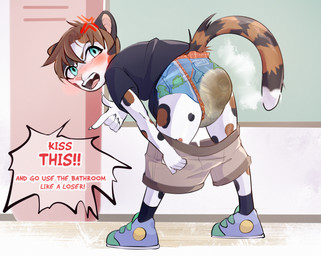 anthro bodily_fluids clothed clothing diaper feces locker male pull-ups_(diaper) school soiled_diaper soiling solo tail text unclean_diaper used_diaper wearing_diaper young cozygrey grey_(cozygrey) domestic_cat felid feline felis mammal digital_media_(artwork) english_text hi_res