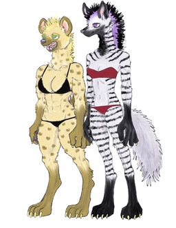 abs anthro bikini bra breasts claws cleavage clothed clothing duo female fur hair markings mohawk muscular muscular_female simple_background spots stripes swimwear tail two-piece_swimsuit underwear white_background kyokyota mihana_(kyokyota) quito_(kyokyota) hyena mammal spotted_hyena striped_hyena 2019 absurd_res hi_res