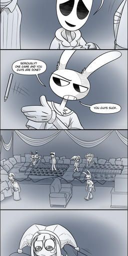 annoyed anthro clothing drawing_(object) electronics embarrassed female fool's_hat furniture hat headgear headwear male pajamas pillow sitting sleeping sleeping_bag sleepwear smile snickering sofa standing television text walking absolutedream glitch_productions the_amazing_digital_circus gangle_(tadc) jax_(tadc) kinger_(tadc) pomni_(tadc) ragatha_(tadc) zooble_(tadc) domestic_cat felid feline felis lagomorph leporid mammal rabbit absurd_res comic english_text hi_res long_image tall_image
