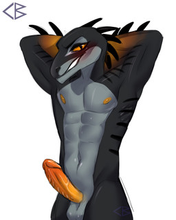 abs anthro black_body black_stripes genitals looking_at_viewer male nipples orange_nipples orange_penis penis presenting simple_background solo striped_body stripes yellow_eyes codyblue-731 mythology dragon mythological_creature mythological_scalie reptile scalie 2019 absurd_res digital_media_(artwork) hi_res source_request