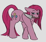 blue_eyes equid equine female feral friendship_is_magic hasbro horse knife lemon_creamz mammal my_little_pony object_in_mouth pink_body pinkamena_(mlp) pinkie_pie_(mlp) pony simple_background solo white_background