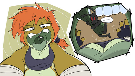 annoyed antennae_(anatomy) anthro breasts brown_body cleavage clothed clothing countershade_torso countershading duo female female_pred freckled_breasts freckled_face freckled_shoulders freckles gaping_mouth green_mouth green_tongue hair male missing_tooth muscular muscular_female navel open_mouth orange_hair ponytail reverse_mouth_shot throat tongue tongue_out uvula uvula_grab vore wings wraps wrist_wraps lecigzz daryl_(gtb23) amphibian arthropod fly_(animal) frog insect 16:9 widescreen