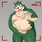 anthro belly big_belly blush bodily_fluids countershading green_body green_eyes humanoid_hands kemono male moobs nipples overweight overweight_male solo surprise sweat yaki_atsuage lifewonders live_a_hero mokdai canid canine canis domestic_dog mammal 1:1 2022 hi_res