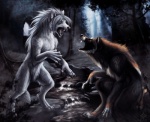 aggressive anthro battle creek detailed_background detailed_fur digitigrade duo female forest fur male nude outside plant scenery snarling tail tree wood cedarwolf canid canine canis mammal wolf detailed