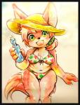 anthro bikini biped bottle chest_tuft clothing container female fur green_eyes hair halterneck happy hat headgear headwear kemono message_in_a_bottle navel open_mouth orange_body orange_fur pink_hair smile solo standing sun_hat swimwear tuft two-piece_swimsuit mabo_(artist) canid canine fox mammal