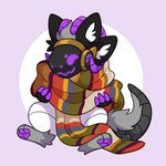 abstract_background anthro chibi hi_res horn inner_ear_fluff machine multi_ear pawpads protogen scarf sir_burnt sitting smile solo tail tuft