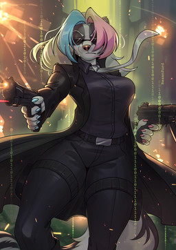 anthro biped bottomwear breasts claws clothed clothed_anthro clothed_female clothing eyewear female fingers front_view fully_clothed fully_clothed_anthro fully_clothed_female glasses gun hair ranged_weapon solo standing tail tight_clothing topwear weapon tlt_echelon mammal mephitid skunk 2026 digital_drawing_(artwork) digital_media_(artwork) hi_res
