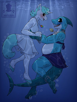 anthro black_sclera blue_body blush clothed clothing duo female female/female fur horn jewelry necklace simple_background slightly_chubby slightly_chubby_female smile tail teeth underwater water white_body darkmaro mob_entertainment mythology nightmare_critters poppy_playtime smiling_critters craftycorn maggie_mako_(poppy_playtime) bovid caprine equid equine fish mammal marine mythological_creature mythological_equine shark sheep siren unicorn 3:4 absurd_res digital_media_(artwork) hi_res