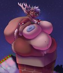 anthro antlers bag bell belly big_breasts blue_eyes blue_nipples breasts brown_body brown_fur chimney featureless_crotch female fur grey_nipples hair harness holidays horn inner_ear_fluff navel night nipples obese open_mouth outside overweight overweight_female pink_tongue solo star tail tan_antlers tan_inner_ear_fluff tongue tuft white_hair thatfat_cat christmas deer mammal new_world_deer reindeer absurd_res hi_res