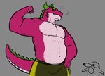 anthro bottomwear clothing dragon_fruit food fruit male markings muscular muscular_male pink_body pink_skin plant shirtless shorts solo spots spotted_markings dynogreeno mythology dragon hybrid mythological_creature mythological_scalie reptile scalie hi_res