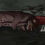 ambiguous_gender brown_body brown_fur corpse death decay decaying detailed_background feral fur gore larva looking_up lying on_side partially_submerged solo puppy_meats arthropod insect maggot mammal species_request hi_res unfinished
