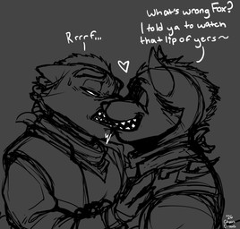 anthro bite biting_lip dialogue duo heart_symbol kissing male male/male teeth chaosdraws nintendo star_fox fox_mccloud wolf_o'donnell hi_res monochrome