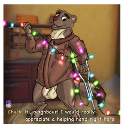 anthro balls border bottomless christmas_decorations christmas_lights claws clothed clothing crutch entangled eyebrows fangs flaccid fluffy foreskin genitals holidays humanoid_genitalia jacket lights looking_at_viewer male medical_instrument open_mouth penis raised_eyebrow scientific_instrument solo standing tail teeth text thick_eyebrows topwear topwear_only unretracted_foreskin white_border garo_(artist) christmas light_up_the_town chuck_(light_up_the_town) mammal mustelid otter 2025 absurd_res colored digital_drawing_(artwork) digital_media_(artwork) english_text full-length_portrait hi_res portrait shaded signature