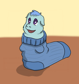 ambiguous_feral ambiguous_gender blue_body blue_clothing blue_footwear blue_fur blue_hair blue_socks blurred_background clothing feral footwear fur hair inside_sock looking_up open_mouth purple_eyes simple_background smile socks solo young young_ambiguous young_feral carpdime fluffy_pony fluffy_pony_(species) mammal digital_media_(artwork) low_res shaded