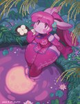 anthro clothing eating female fur hair legwear pink_body pink_fur pink_hair sitting solo thick_thighs thigh_highs kaeritai07 chao_pyon_pyon lagomorph leporid mammal rabbit hi_res